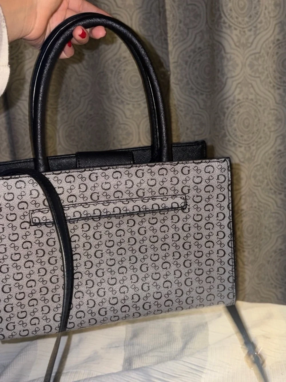 GUESS Gray & Black Logo Satchel with Gold Hardware